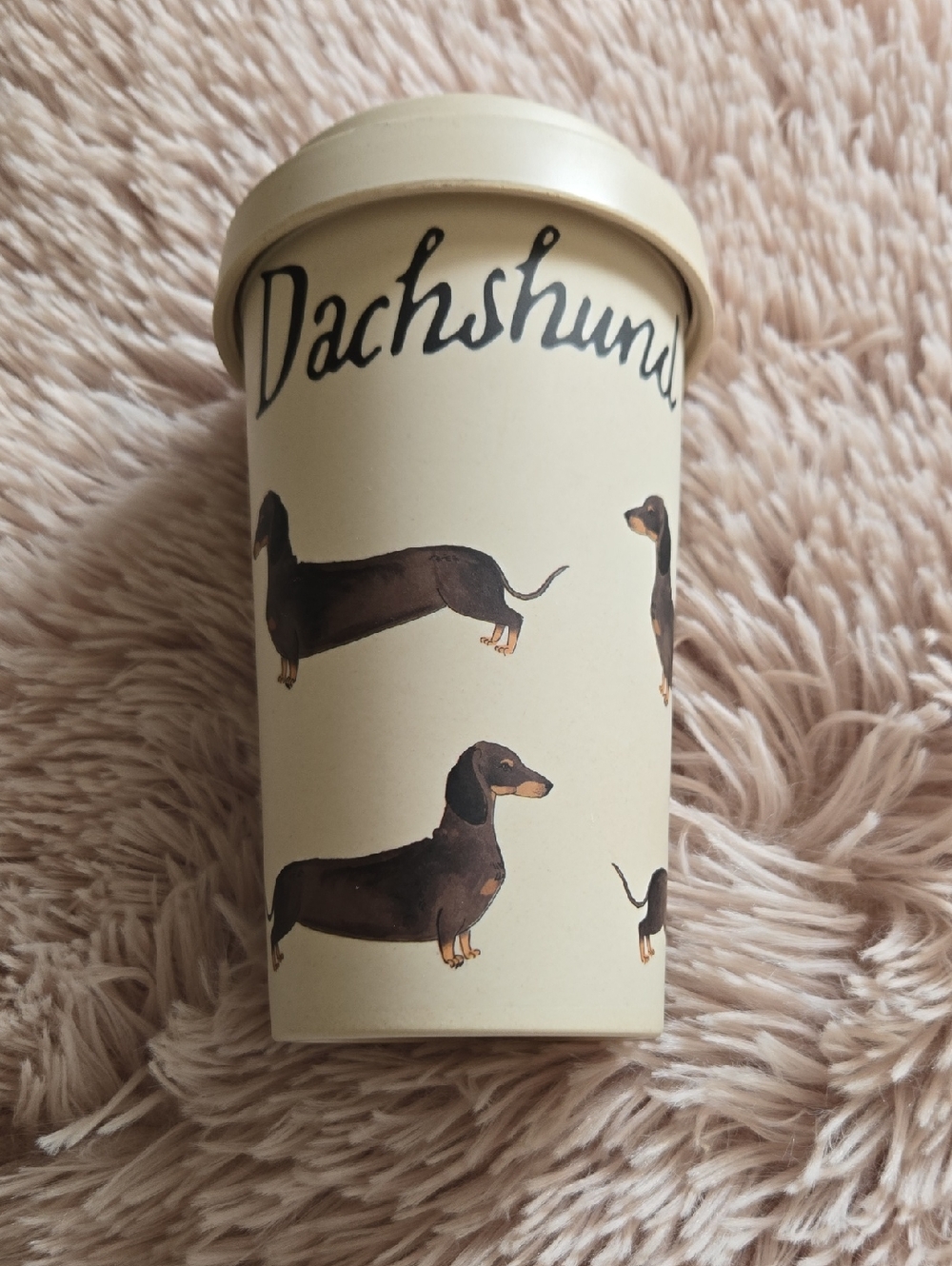 Milly Green Dachshund Travel Cup Mug Cream with Brown Dachshund Dog Design